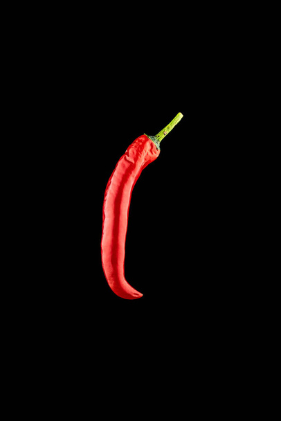 Červený chilli pepř. Kořeněný kajenský pepř izolovaný. Red hot chilli paprika na černém pozadí. Složení pro čerstvé koření mexické jídlo - Fotografie, Obrázek