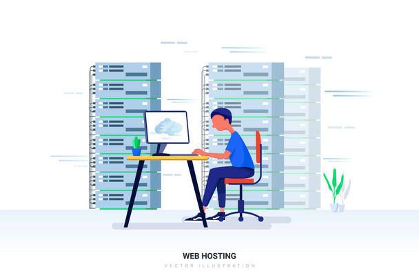 Web hosting concept met karakter. Kan gebruikt worden voor webbanner, infographics, heldenbeelden. Vlakke vector illustratie geïsoleerd op witte achtergrond. - Vector, afbeelding