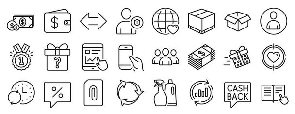 Set of line icons, such as Valentine target, Sync, Attachment icons. Shampoo and spray, Hold smartphone, Discount message signs. Group, Delivery box, Present delivery. Security, Approved. Vector - Vector, Image