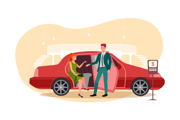 Belle jeune femme en voiture rouge parle à l'assurance voiture vendeur vectoriel illustration concept. - Vecteur, image