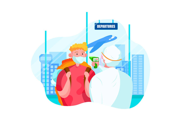 Character in hazmat suit checking temperature at the airport. Vector Illustration concept. - Vector, Image