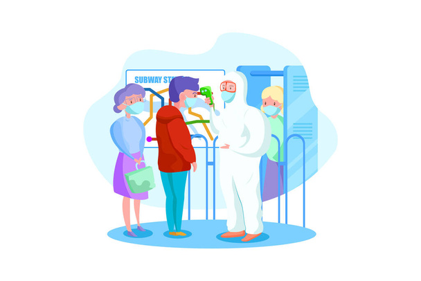 Character in hazmat suit checking temperature at subway station. Vector Illustration concept. - Vector, Image
