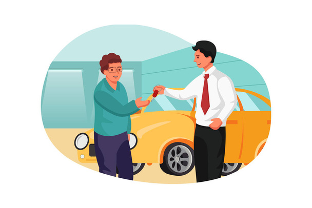 Dipendenti chiavi auto all'ingrosso per l'acquirente presso il vettore showroom Illustrazione concetto. - Vettoriali, immagini