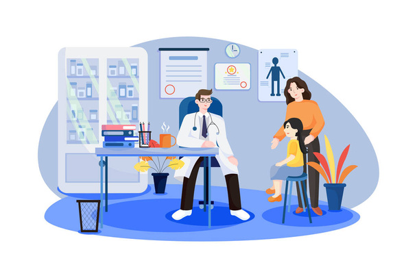 Pediatrician and woman with girl in medical office - Vector, Image
