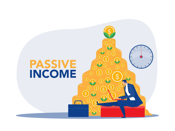 Passive income,businessman make money in front of a notebook as money background.vector Illustration - Vector, Image