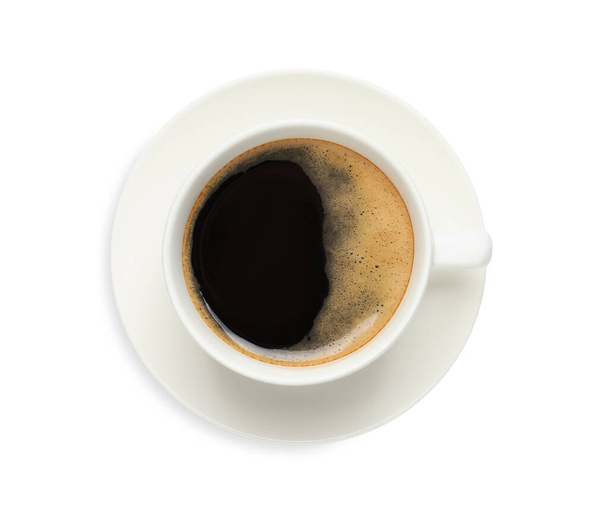 Cup of black aromatic coffee on white background, top view - Fotó, kép