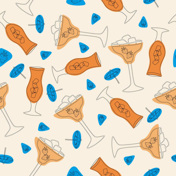 Hand drawn summer time organic fruits seamless pattern with cocktail in a glass - Vektor, Bild