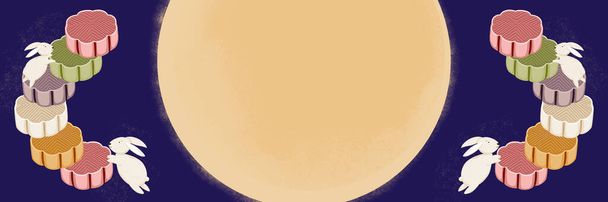 Banner web del festival de mediados de otoño. La luna llena, y los conejos blancos saltan sobre el pastel de luna con fondo azul oscuro. Ilustración vectorial cultura asiática. Luz de luna.  - Vector, Imagen