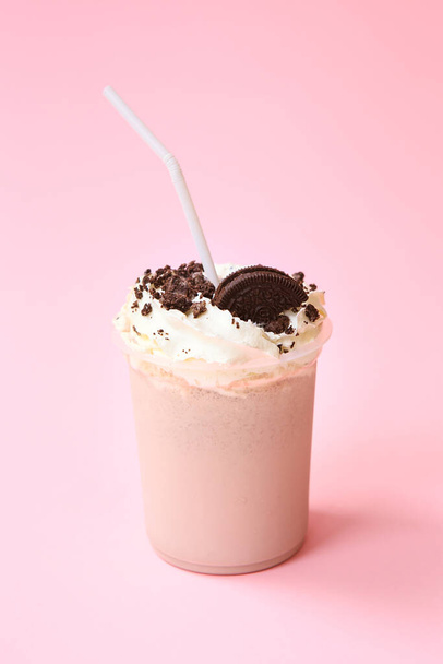 Healthy fresh chocolate smoothie or milkshake. Summer cold drink. Protein cocktails with chocolate cookies - Photo, Image