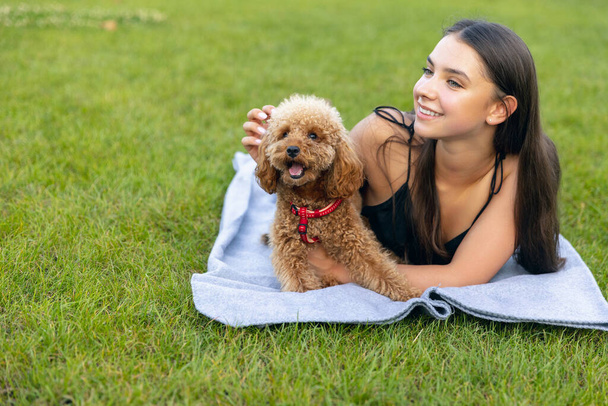 Evening walks. Beautiful girl and her pet, little golden poodle dog strolling in public park, outdoors. Summer time. Sincere emotions. leisure activities concept - Foto, immagini