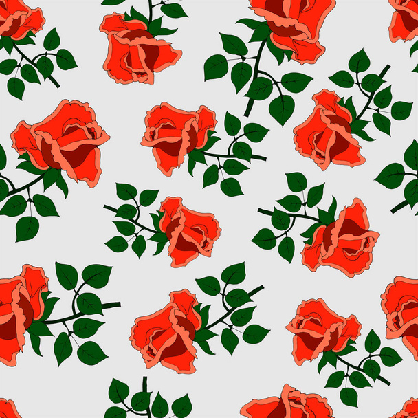 bezszwowy wzór, czerwone róże na gałęzi z zielonymi liśćmi na jasnoniebieskim tle, wzór na tkaniny i tapetę - Wektor, obraz