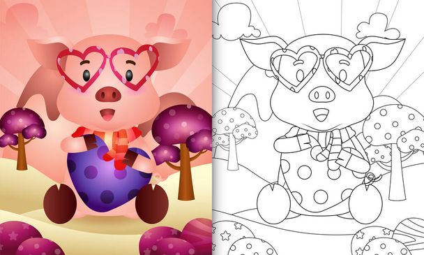 livro de colorir para crianças com um porco bonito abraçando coração dia dos namorados temático - Vetor, Imagem