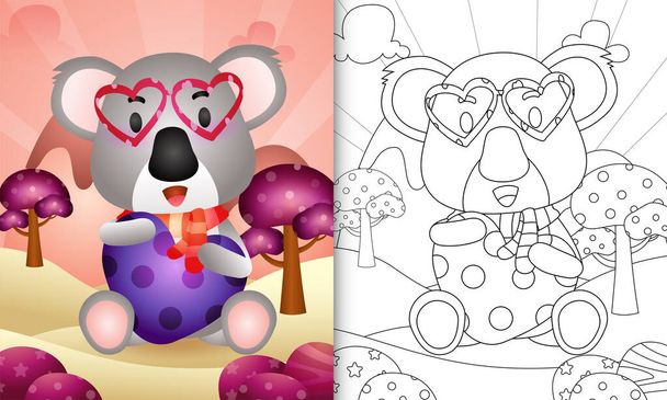 libro para colorear para niños con un lindo koala abrazo corazón temática día de San Valentín - Vector, imagen