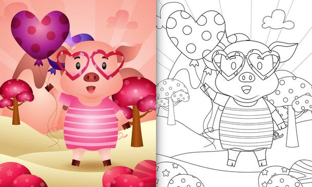 kleurboek voor kinderen met een schattig varken met ballon thema Valentijnsdag - Vector, afbeelding