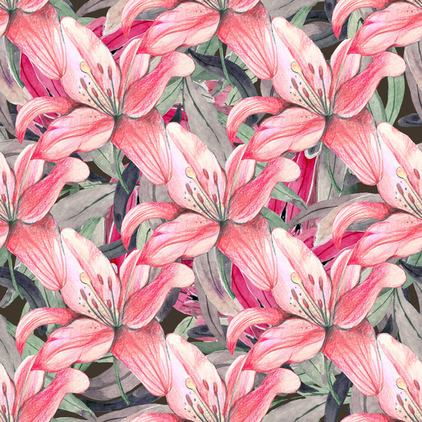 Seamless pattern with watercolor lilies. Watercolor illustration. fabric, textile, wrap, surface, web and print design. - Valokuva, kuva