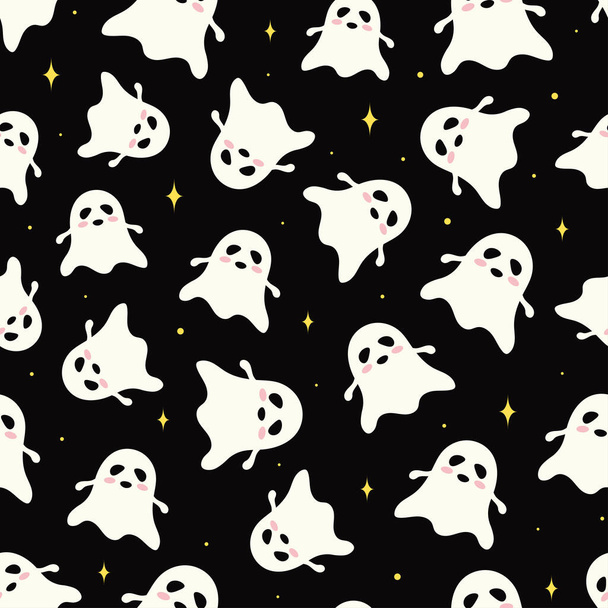 ghost seamless pattern on black background, halloween spooky wallpaper, funny cartoon vector illustration - Вектор, зображення