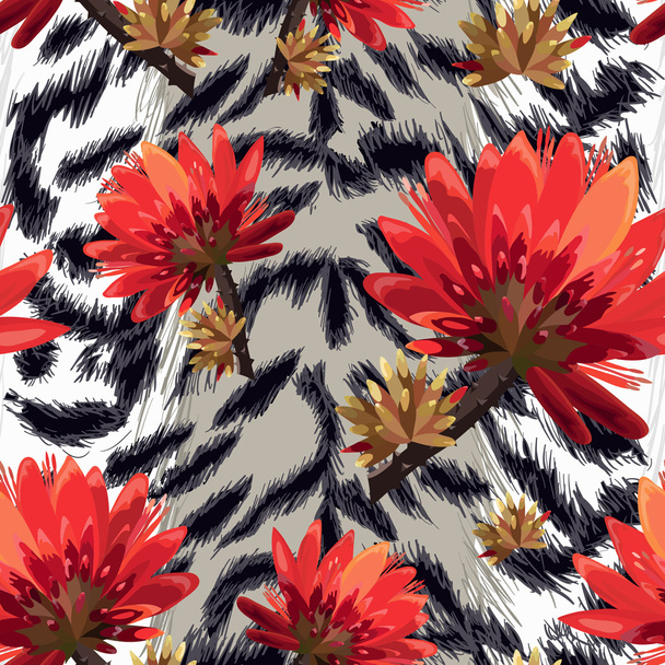 Tiger skin with tropical flowers - Vector, Imagen