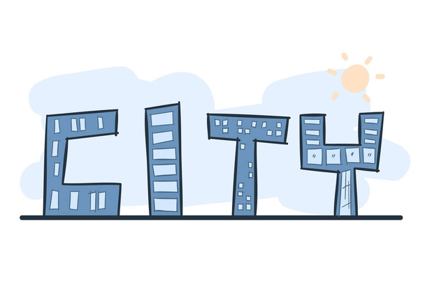 Cartoon χέρι κτίριο σχεδίασης ως αλφάβητο CITY με χρώμα. Διάνυσμα σε λευκό φόντο. - Διάνυσμα, εικόνα