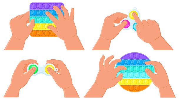 Fidget απλό λακκάκι και ποπ παιχνίδια. Τα παιδιά χέρια κατέχουν φυσαλίδες σιλικόνης αισθητήρια παιχνίδια διανυσματικά εικονογράφηση σετ. Antistress ποπ και απλό λακκάκι παιχνίδια - Διάνυσμα, εικόνα