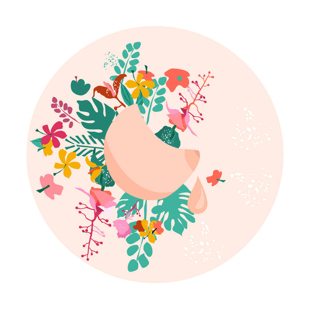 Emzirme haftası illüstrasyonu.Meme uçlu kadın organı. Medinilla çiçekli çiçek arkaplanı konsepti. Uluslararası Kadınlar Günü, kız gücü kartpostalı. Sevgi ve annelik.. - Vektör, Görsel