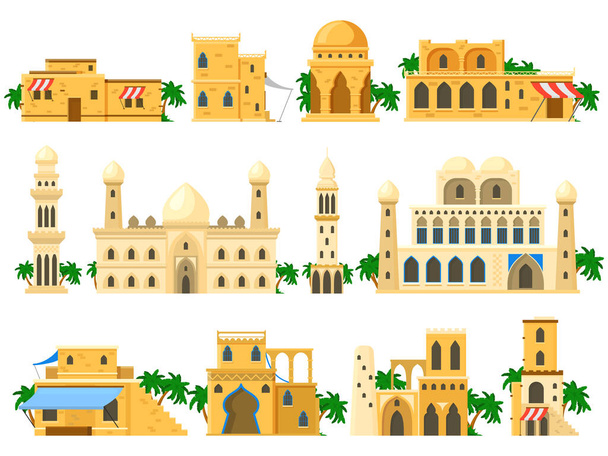 Традиционная древняя арабская архитектура глинобитные кирпичные здания. Набор векторных иллюстраций башен, домов, ротонд и замковых зданий. Арабские здания - Вектор,изображение