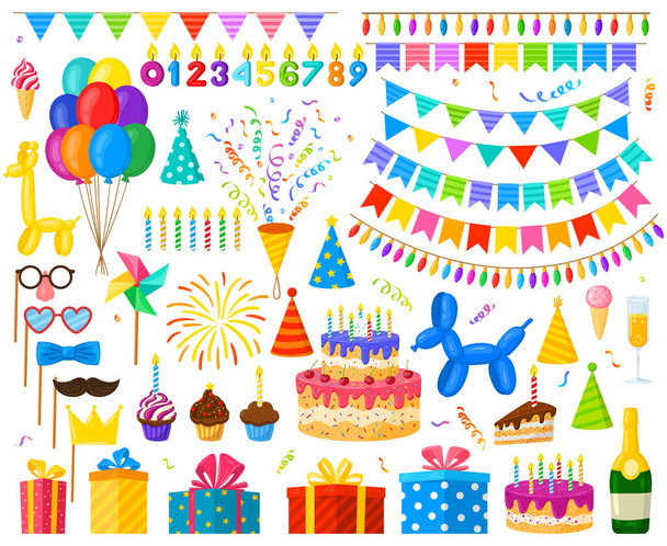 Dibujos animados fiesta de cumpleaños globos de celebración, pastel y regalos. Decoraciones de fiesta de carnaval, dulces y velas conjunto de ilustración vectorial. Elementos de celebración de cumpleaños - Vector, imagen