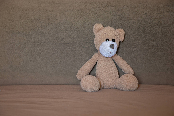 orsacchiotto morbido marrone per bambini seduto sul divano marrone, giocattolo per bambini in camera da letto, orsacchiotto - Foto, immagini