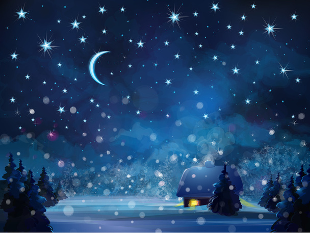 Зимний ночной пейзаж с домом
 - Вектор,изображение