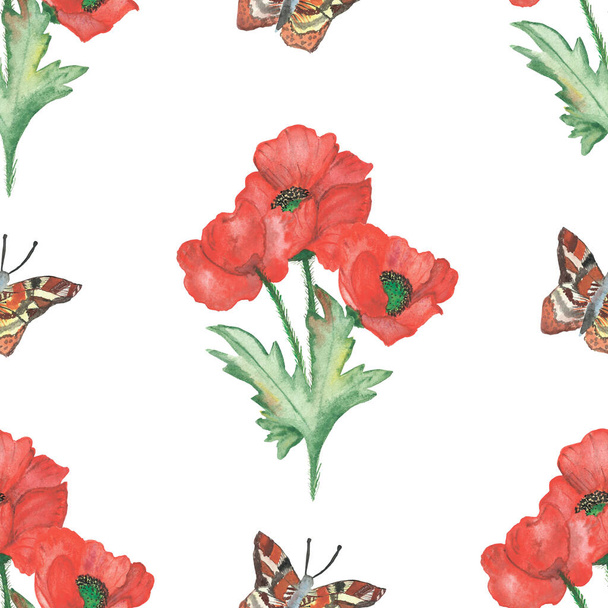 Watercolor hand painted nature floral seamless pattern with red poppy blossom flower on green branch and ornamental butterfly isolated on the white background for print design - Φωτογραφία, εικόνα