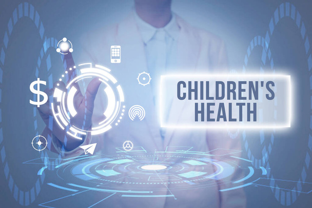 Text sign showing Children S Is Health. Internet Concept kid condition of being free from illness or disease Lady In Uniform Holding Tablet In Hand Virtually Tapping Futuristic Tech. - Fotó, kép