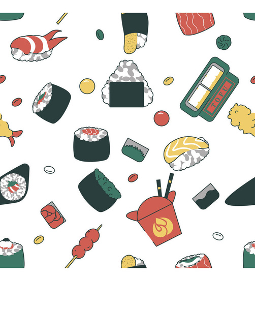 Padrão sem costura vetorial com rolos, sushi. Belos elementos de design de alimentos. Seis cores. Ilustração plana vetorial - Vetor, Imagem