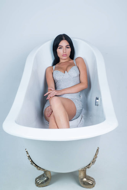 glamour and pretty. woman skincare portrait. sexy woman relax in bathtub. - Fotó, kép