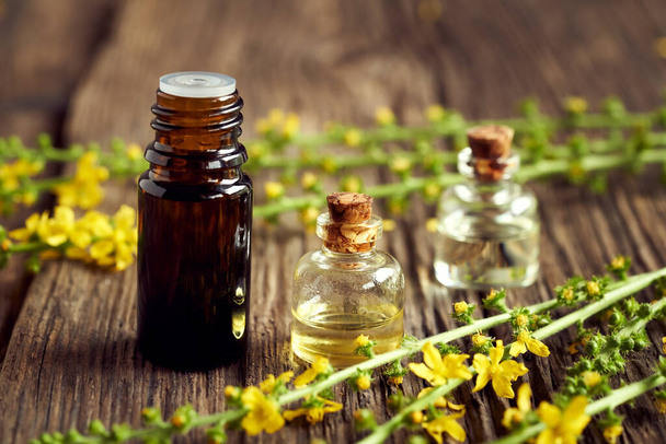 Essential oil bottle with fresh blooming agrimony plant on a wooden background - Photo, Image