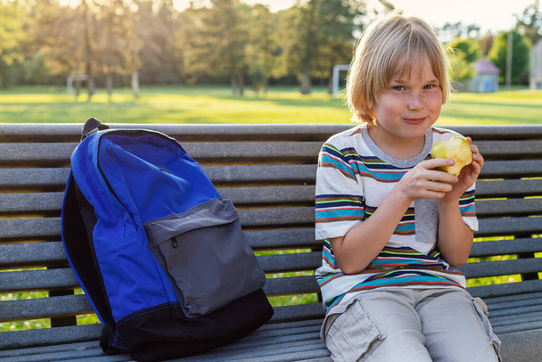 Μικρό χαμογελαστό παιδί δημοτικού σχολείου που κάθεται στον πάγκο του σχολείου με σακίδιο, τρώγοντας σνακ μετά το σχολείο ή κατά τη διάρκεια του διαλείμματος. - Φωτογραφία, εικόνα