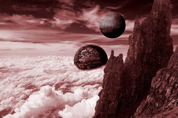 Illustration du ciel nuageux avec des montagnes devant avec vue sur deux planètes, toutes en rouge avec saturation - Photo, image