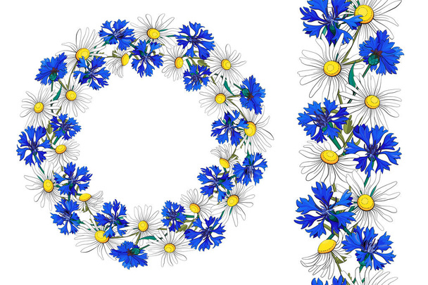 Brush pattern and flower wreath. Cornflower and daisy flowers  in a floral wreath. Vector illustration isolated on white background. - Vektor, kép