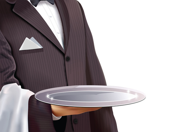 Waiter holding empty silver tray - Vector, Image