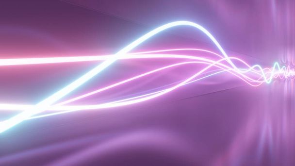 Promieniowanie ultrafioletowe Neon Fala Świecące krzywe laserowe Flowing in Reflective Room - Streszczenie tekstury tła - Zdjęcie, obraz