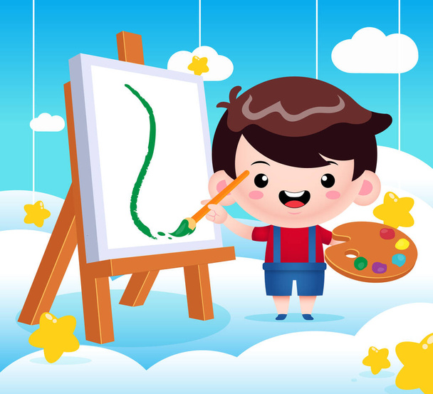 Illustration graphique vectorielle de Cute Little Boy Painting On Cloud. Parfait pour la couverture de livres pour enfants, illustration de livres pour enfants, illustrations de jeux, actif du jeu, animation, etc.. - Vecteur, image