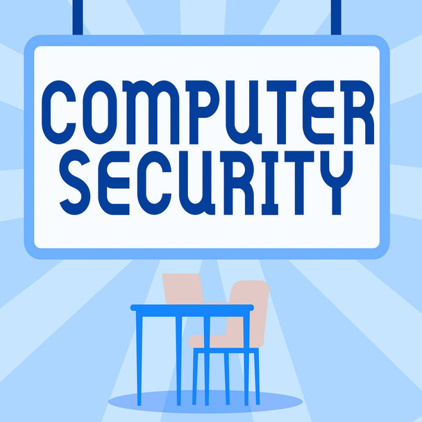 Wyświetlacz koncepcyjny Computer Security. Koncepcyjna ochrona systemów komputerowych przed kradzieżą lub uszkodzeniem Blank Whiteboard z laptopem umieszczonym na szczycie stołu z krzesłem. - Zdjęcie, obraz