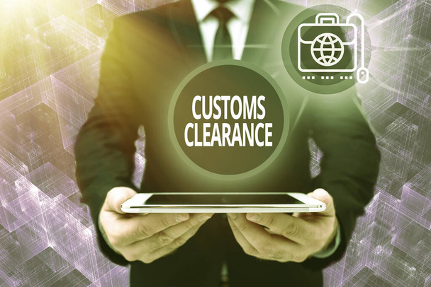 Conceptual caption Customs Clearance. Business overview documentations required to facilitate export or imports Man In Office Uniform Holding Tablet Displaying New Modern Technology. - Foto, imagen