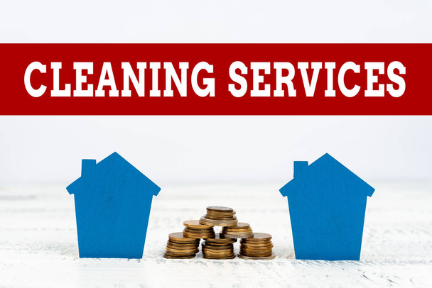 Text caption presenting Cleaning Services. Concept meaning perform a variety of cleaning and maintenance duties Preparing House Plans, Home Investment Ideas, Calculate Housing Cost - 写真・画像
