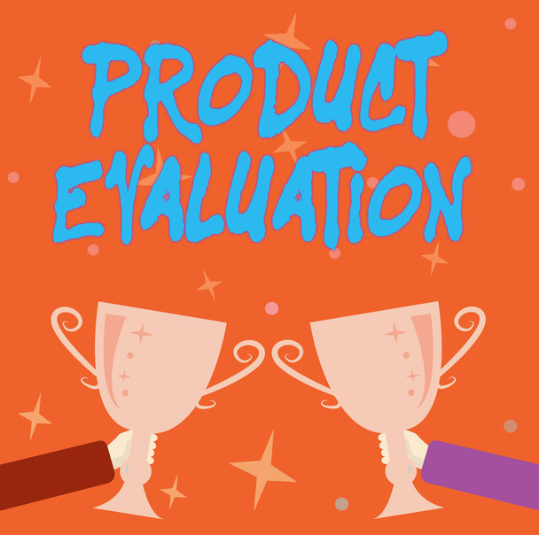 Text sign showing Product Evaluation. Business overview viability of the product with respect to market demand Abstract Victory Reward Ceremony, Celebrating New Winner Concept - Photo, image