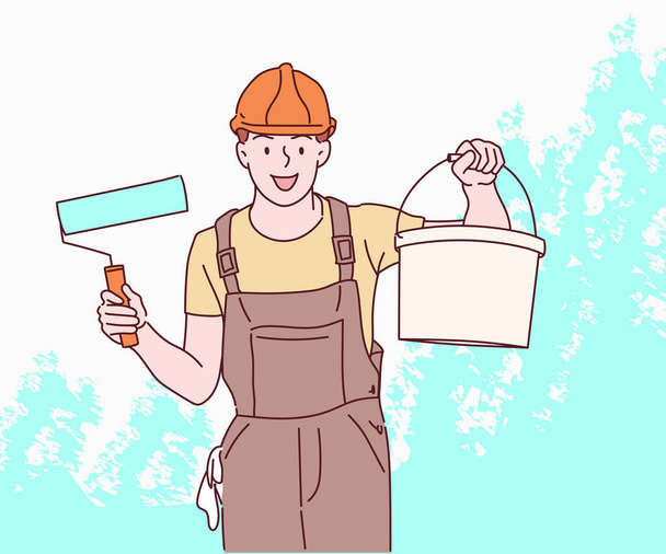 Young painting facade builder worker with roller. Hand drawn in thin line style, vector illustrations. - Vector, Image