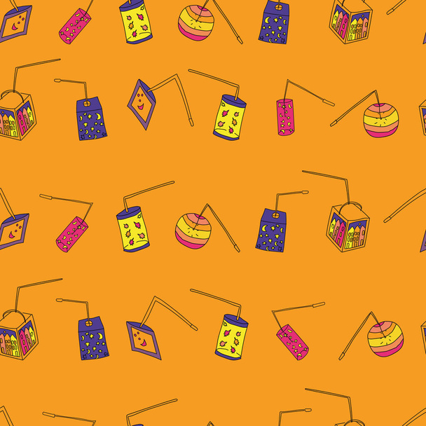 Vector orange lantern festival doodle background pattern - Vector, Image