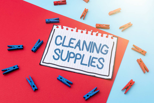 Hand writing sign Cleaning Supplies. Word Written on substances usually liquids used to remove dirt and dust Writing Important Notes Displaying Messages And Listing Items - 写真・画像