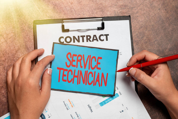 Text caption presenting Service Technician. Business concept Managing all on site installation and repair task Writing Notes And Important Ideas Brainstorming New Designs - Photo, image
