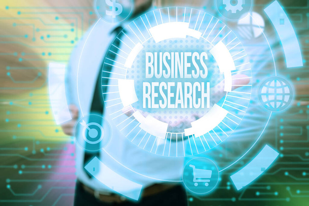 Writing displaying text Business Research. Business approach process of acquiring detailed information of the business Gentelman Uniform Standing Holding New Futuristic Technologies. - Photo, Image