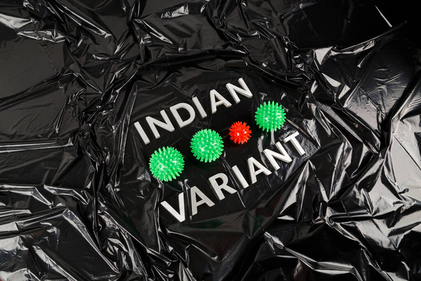 palabras indio variante establecido con letras de metal plateado sobre arrugado negro bolsa de plástico de fondo con pequeños modelos de virus - Foto, Imagen