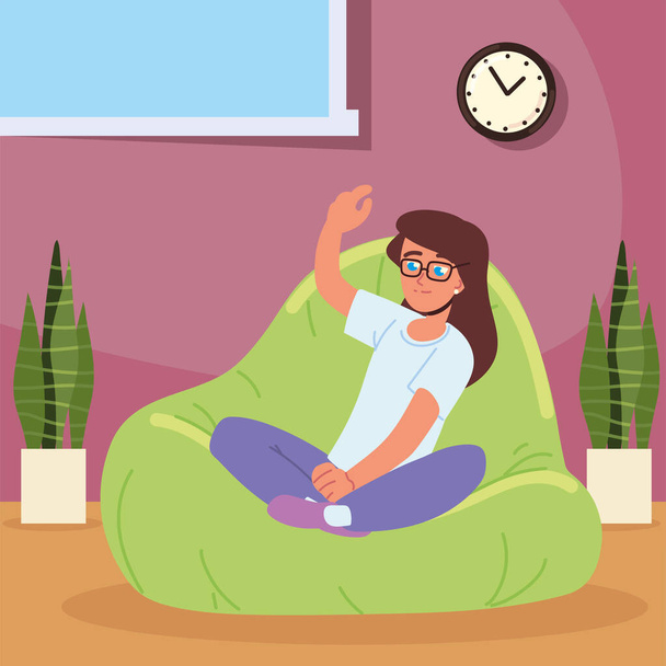 young woman sitting on soft chair - Vector, Image